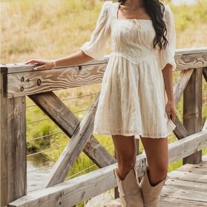 Lime Lush- Forte Listicle Cream Lace Smocked Back Mini Dress